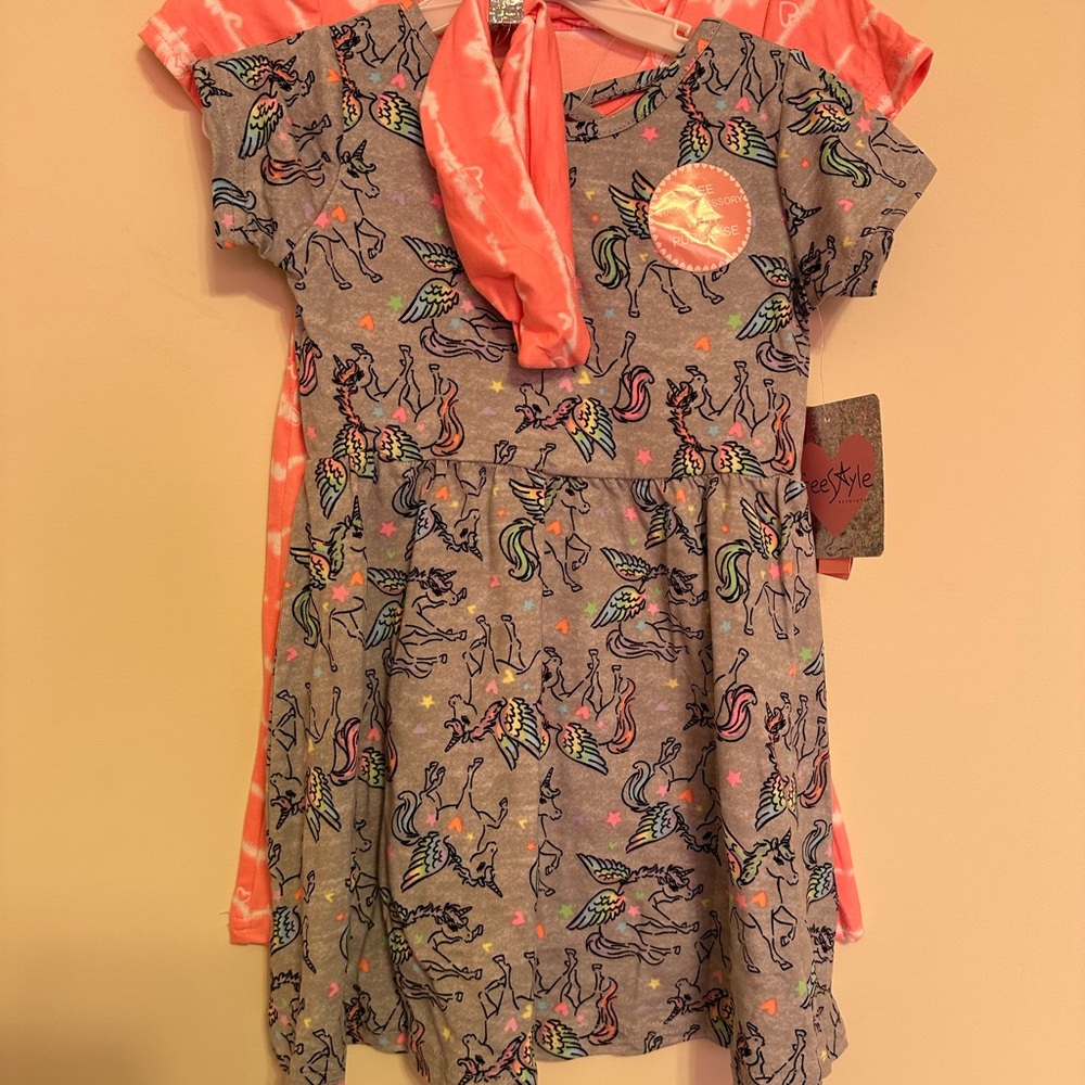 Freestyle Revolution Girls' 2-Pack Dresses unicorns/hearts free headband Size 4T